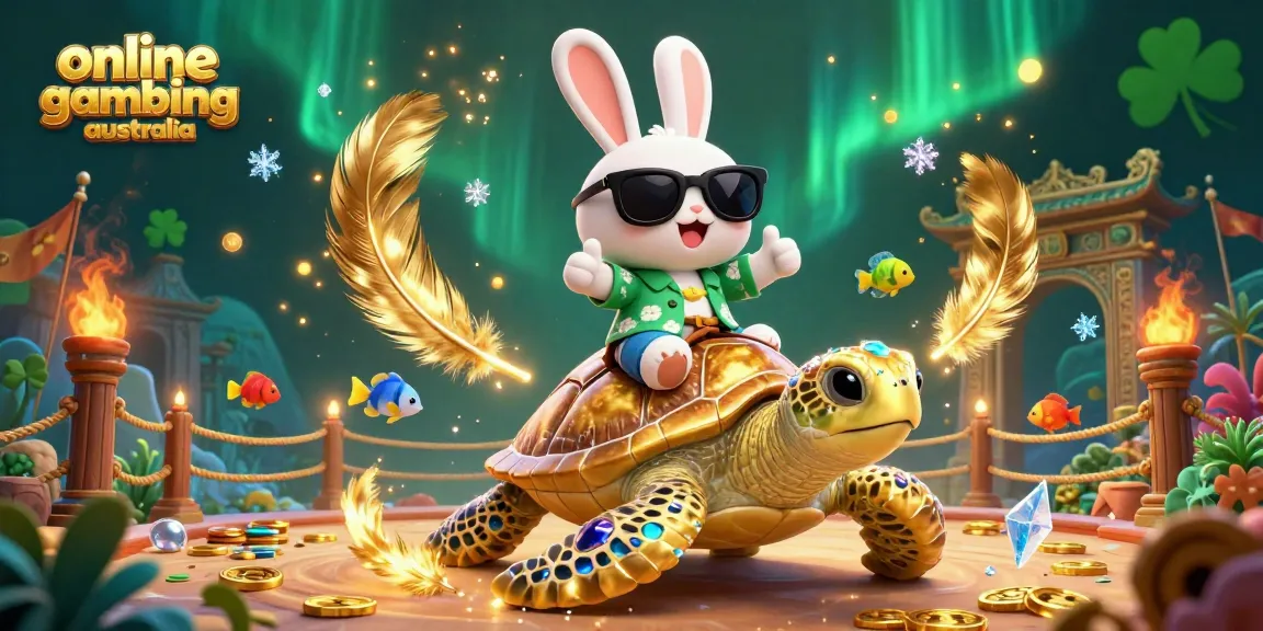 Experience online gambling australia with a vibrant underwater scene featuring a cartoon lucky rabbit on a sea turtle.
