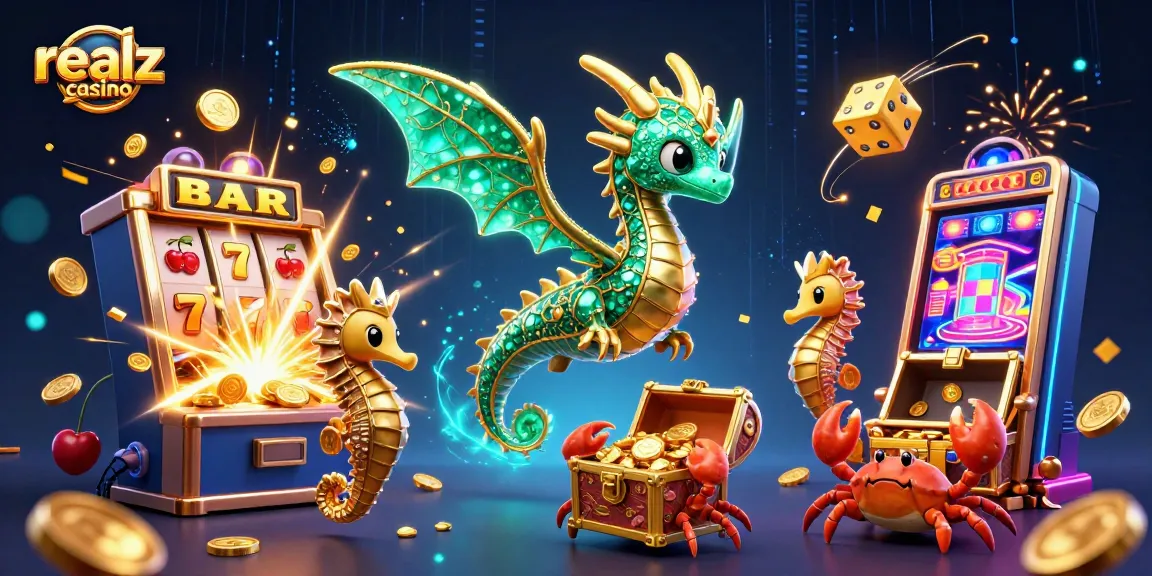 Engage with realz casino through a vibrant 3D scene filled with games and treasures.